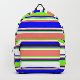 [ Thumbnail: Blue, Green, White, and Salmon Colored Lined Pattern Backpack ]