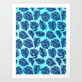 Blue Tropical Monstera Leaves Art Print