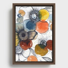 watercolor flowers: orange, brown, blue Framed Canvas