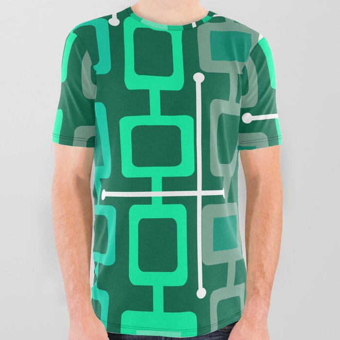 Retro 1950s Geometric Pattern Turquoise All Over Graphic Tee
