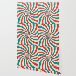 Retro background with curved, rays or stripes in the center. Rotating, spiral stripes. Sunburst or sun burst retro background. Turquoise and red colors. Vintage illustration Wallpaper
