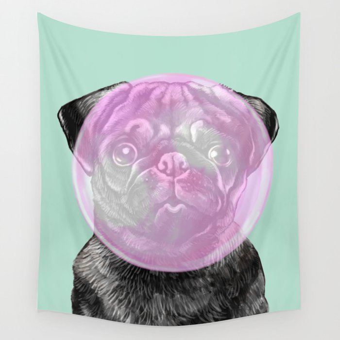 Bubble Gum Popped on Black Pug (2 in series of 3) Wall Tapestry
