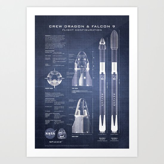 NASA SpaceX Crew Dragon Spacecraft & Falcon 9 Rocket Blueprint in High ...