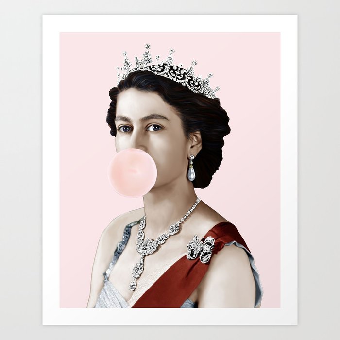 Queen Elizabeth II Blowing Pink Bubble gum Art Print