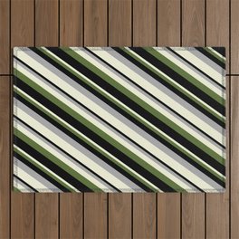 [ Thumbnail: Dark Grey, Beige, Dark Olive Green, and Black Colored Striped/Lined Pattern Outdoor Rug ]