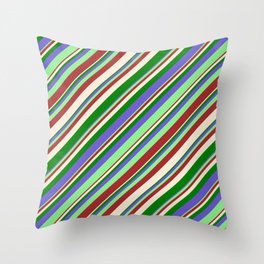 [ Thumbnail: Slate Blue, Light Green, Brown, Beige & Green Colored Pattern of Stripes Throw Pillow ]