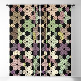 Multicolor Sepia Green Modern Daisies on Black Blackout Curtain