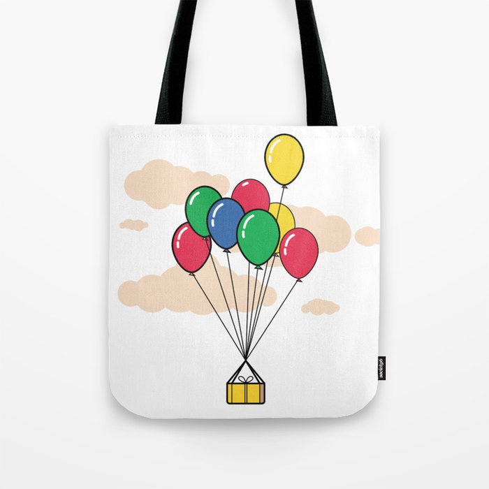Gift box tied to balloons floating in the sky Tote Bag