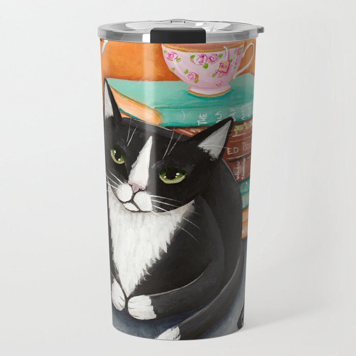 Tuxedo Cat Tea and Books Travel Mug