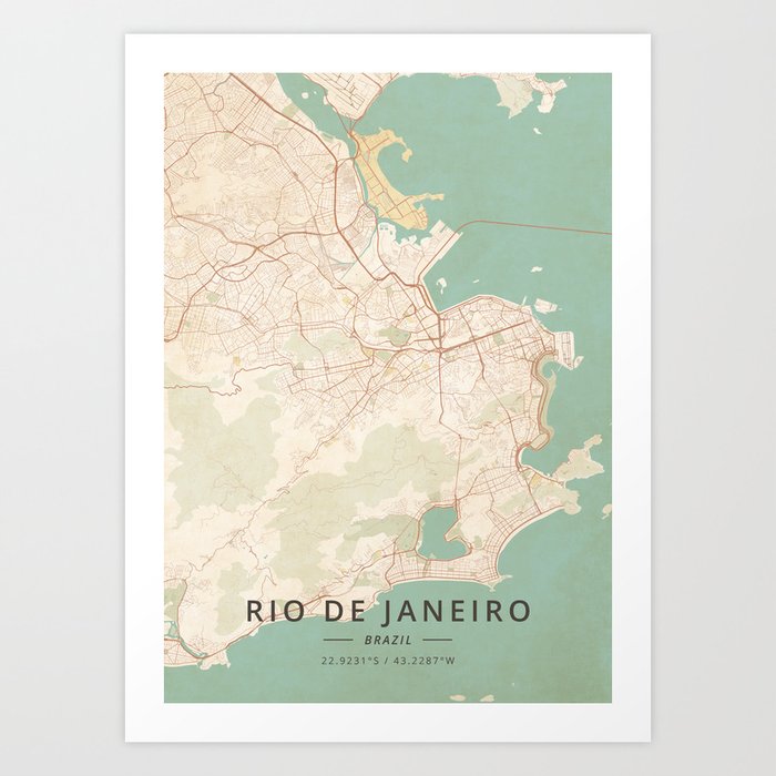 Rio De Janeiro, Brazil - Vintage Map Art Print