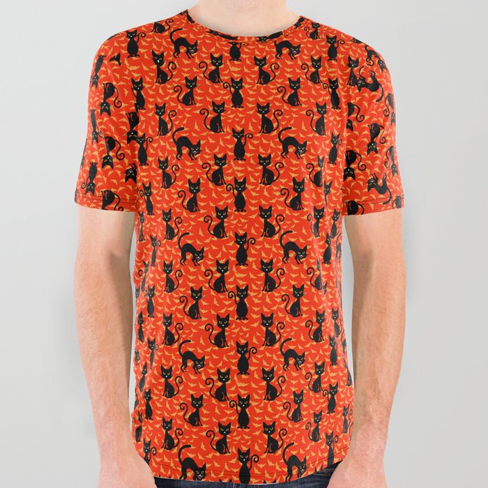 Spooky Black Cat Halloween Orange Bats All Over Graphic Tee