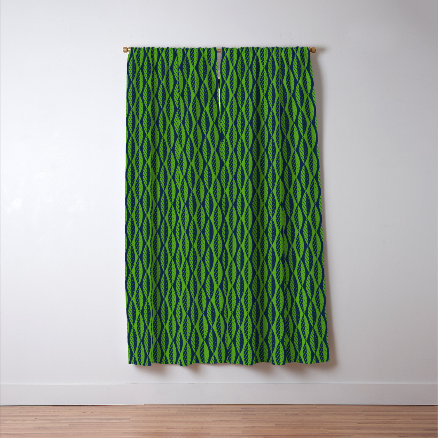Mod Leaves In Navy Blue And Lime Green Blackout Curtain By