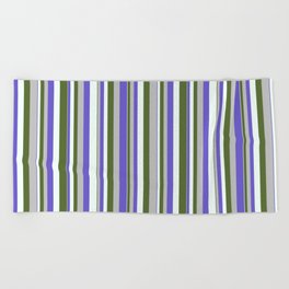 [ Thumbnail: Grey, Slate Blue, Mint Cream & Dark Olive Green Colored Stripes/Lines Pattern Beach Towel ]