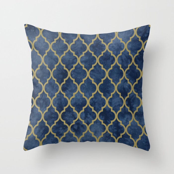 Classic Quatrefoil Lattice Pattern 428 Blue and Gold Throw Pillow