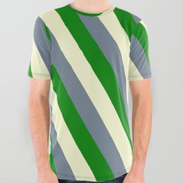 [ Thumbnail: Light Yellow, Slate Gray, and Green Colored Lined Pattern All Over Graphic Tee ]