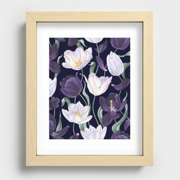 Purple and White Tulip Floral Prints on Navy Blue Recessed Framed Print