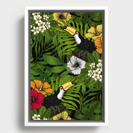 Toucans and tropical flora, green, yellow, red and orange Framed Canvas