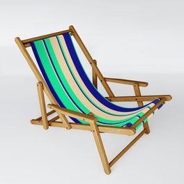 [ Thumbnail: Tan, Dark Blue & Green Colored Stripes/Lines Pattern Sling Chair ]