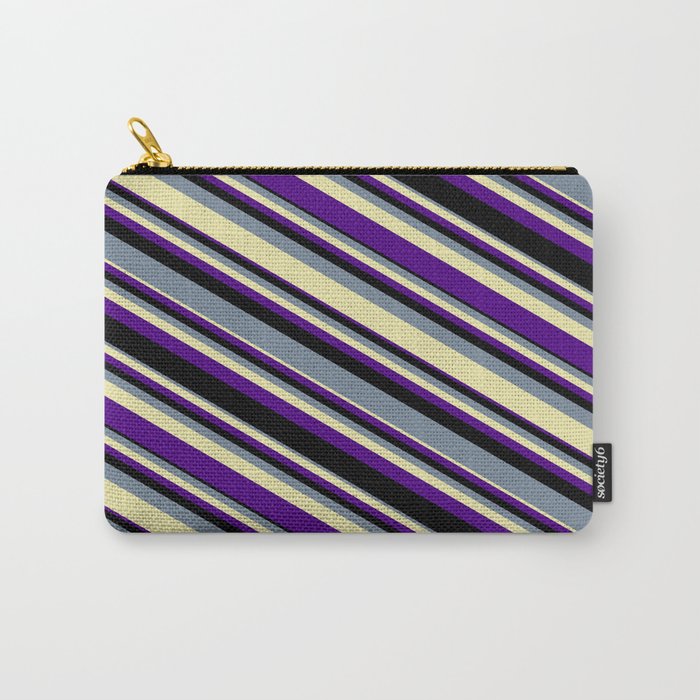Light Slate Gray, Pale Goldenrod, Indigo, and Black Colored Lined/Striped Pattern Carry-All Pouch