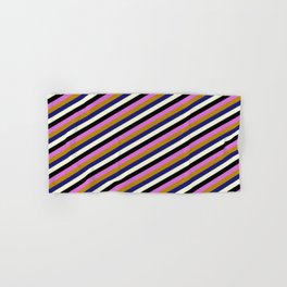 [ Thumbnail: Vibrant Orchid, Dark Goldenrod, Midnight Blue, Beige, and Black Colored Striped/Lined Pattern Hand & Bath Towel ]