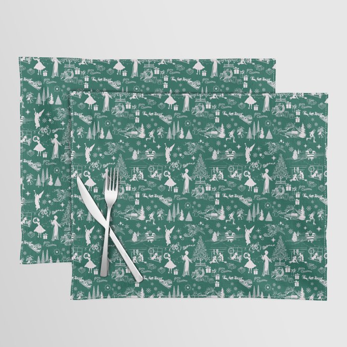 White on Green Winter Holiday Seasonal Toile Print Placemat
