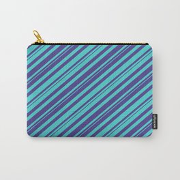 [ Thumbnail: Dark Slate Blue and Turquoise Colored Striped/Lined Pattern Carry-All Pouch ]