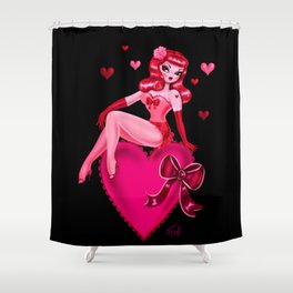 Retro Valentine Redhead Pinup Doll on a Big Heart Shower Curtain