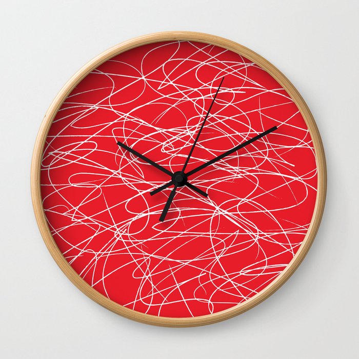 Hand Drawn Scribbles (white/red) Wall Clock