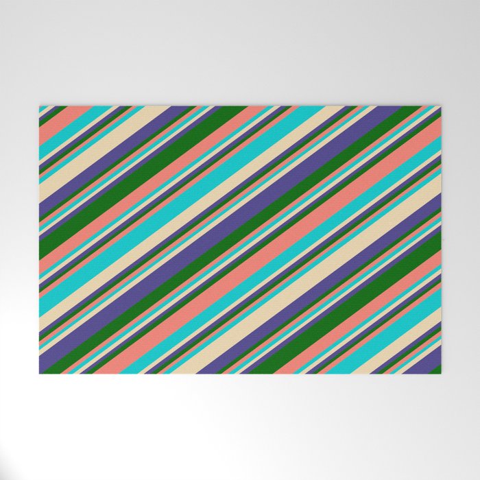 Colorful Salmon, Dark Turquoise, Tan, Dark Slate Blue & Dark Green Colored Lines/Stripes Pattern Welcome Mat