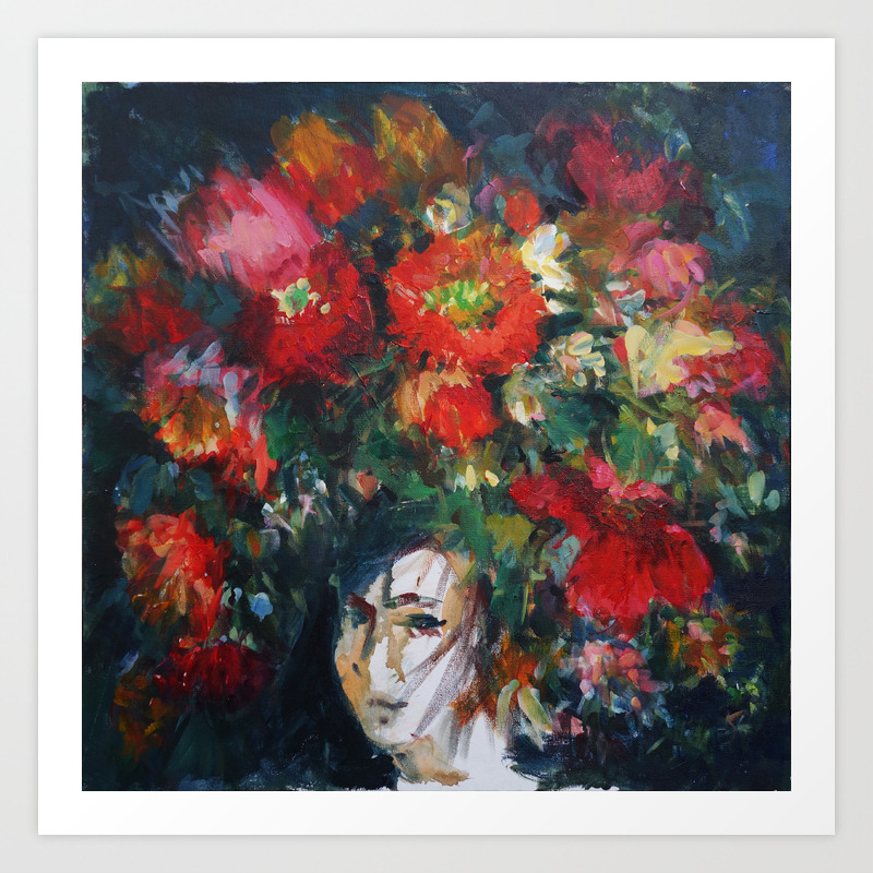 Portrait With A Big Wreath Of Flowers Acrylic Painting Art Print