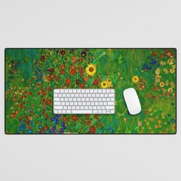 Sunflowers, Anemone, Red Poppy Flowers Farm Garden by Gustav Klimt Desk Mat