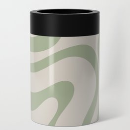 Modern Retro Liquid Swirl Abstract Pattern Vertical in Sage Green and Beige Can Cooler