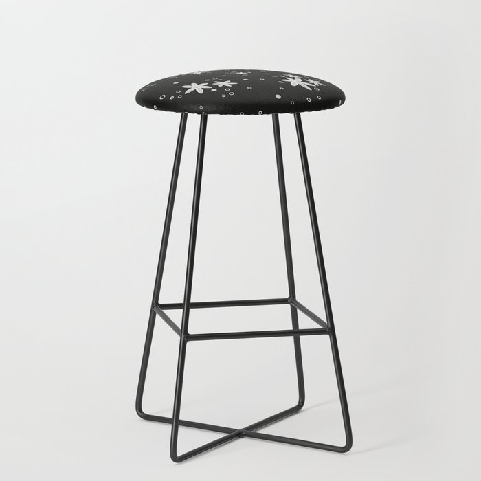 White flowers and dots pattern on black background Bar Stool