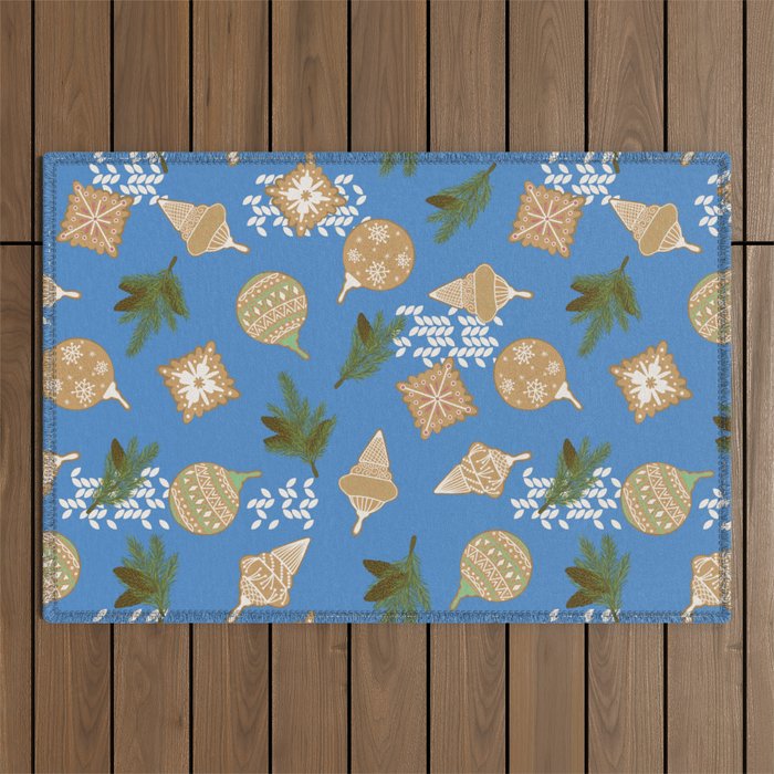 Ginger Christmas toys on blue II Outdoor Rug