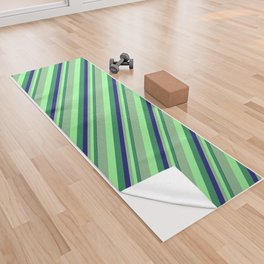 [ Thumbnail: Midnight Blue, Sea Green, Green & Dark Sea Green Colored Stripes Pattern Yoga Towel ]