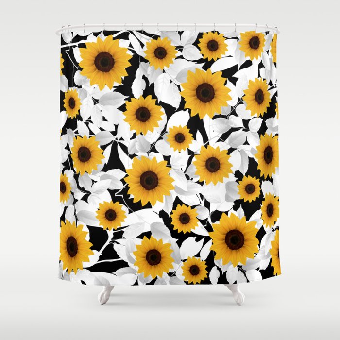 Black White Sunflower Shower Curtain, Sunflower Shower Curtains