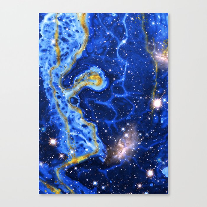 Neon marble space #4: blue, gold, stars Canvas Print
