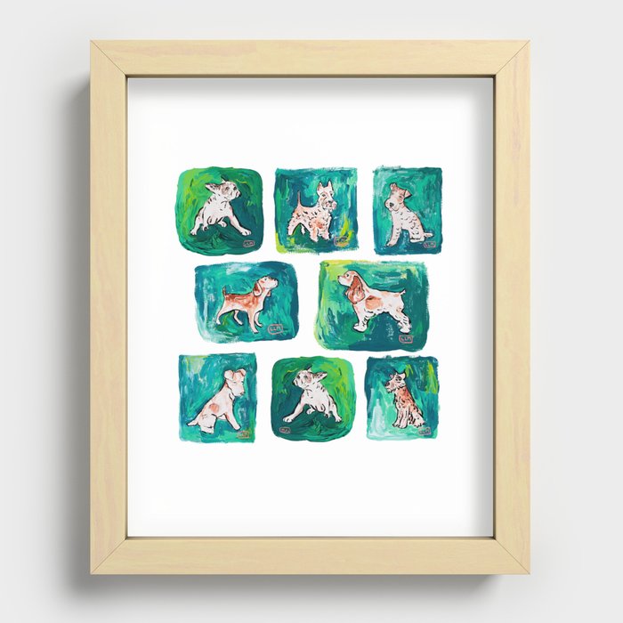 Dogs on Spring and Emerald Green Painting Recessed Framed Print