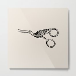 Botanical Line - Stork Scissors Metal Print | Curated, Scissors, Drawing, Bird, Digital, Ink Pen, Stork, Embroidery, Botanical 