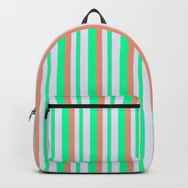 [ Thumbnail: Dark Salmon, Green & Lavender Colored Striped/Lined Pattern Backpack ]