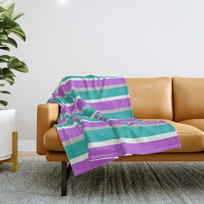 Grey, Light Sea Green, Mint Cream, and Orchid Colored Lined Pattern Throw Blanket