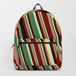 [ Thumbnail: Vibrant Pale Goldenrod, Sea Green, Dark Salmon, Maroon, and Black Colored Striped Pattern Backpack ]