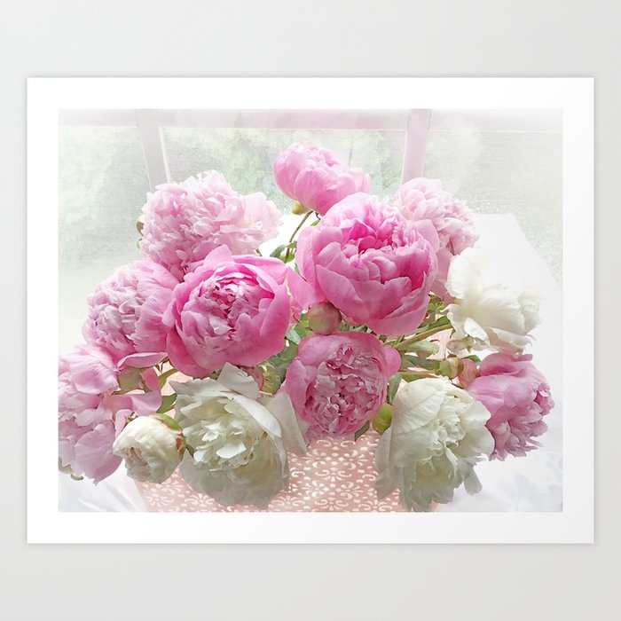 Shabby Chic Garden Pink White Peonies In Window Cottage Flower Wall Art Print, Home Decor, Gift Decor Art Print