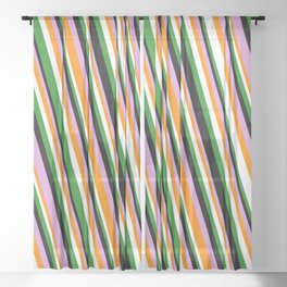 [ Thumbnail: Eye-catching Forest Green, Black, Plum, Dark Orange, and White Colored Striped Pattern Sheer Curtain ]