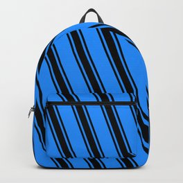 [ Thumbnail: Blue and Black Colored Striped/Lined Pattern Backpack ]