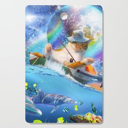 Rainbow Galaxy Space Cat Fishing On Ocean Boat Cutting Board