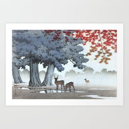 Kawase Hasui, Deer At Misty Nara Park - Vintage Japanese Woodblock Print Art Art Print