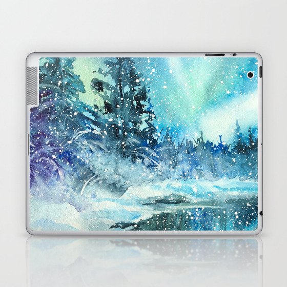 Snowy Northern Lights Forest Landscape Laptop & iPad Skin