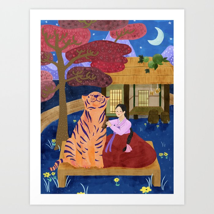 Girl, Tiger & Cottage Art Print