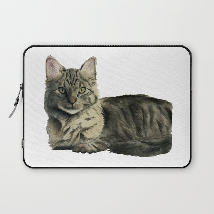 Domestic Medium Hair Cat Watercolor Painting Laptop Sleeve By